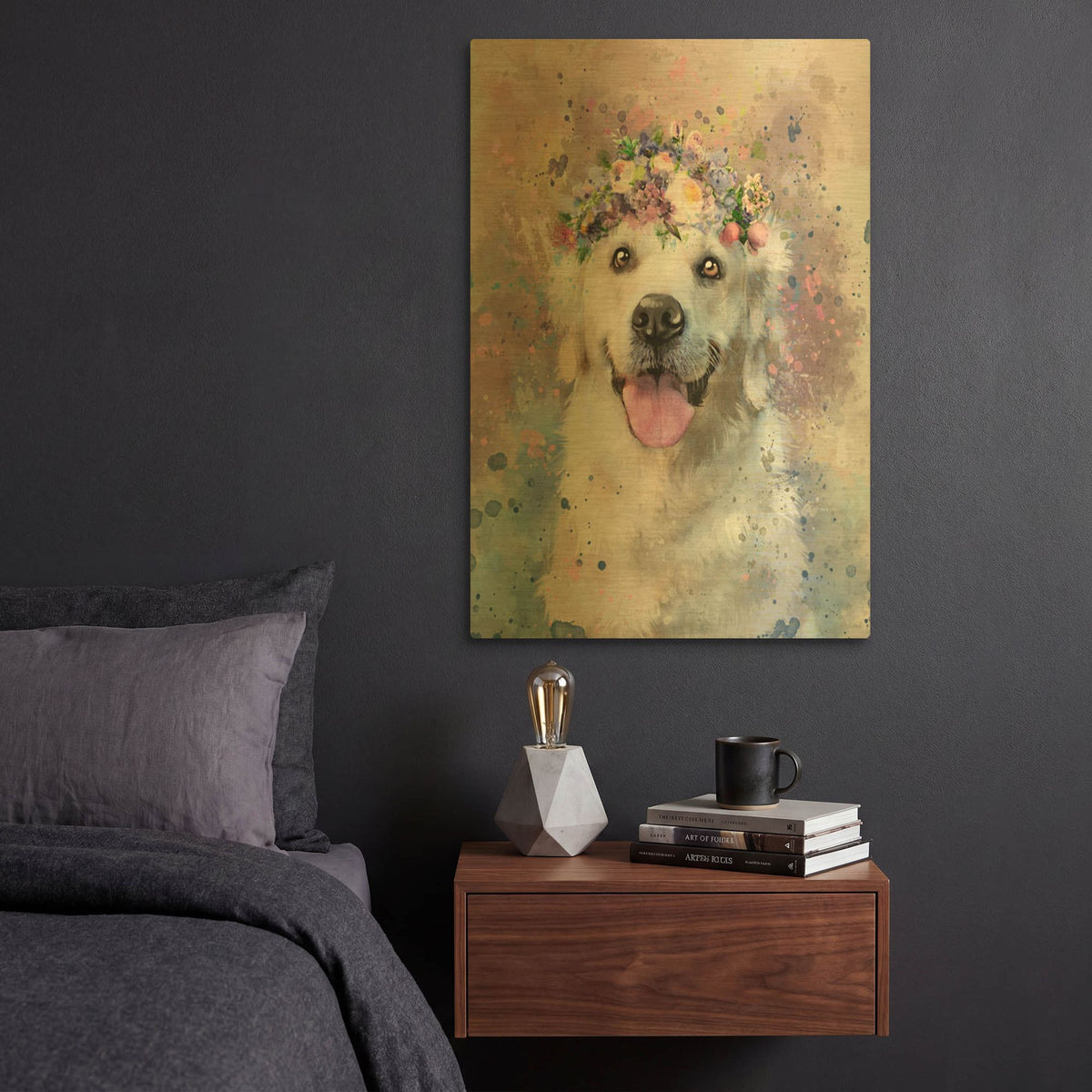 'Flower Crown Golden Retriever 2' By Furbaby Affiliates Gold Metal Wall Art