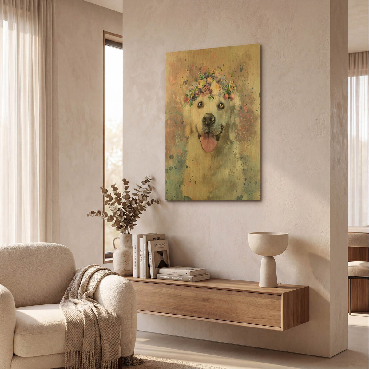 'Flower Crown Golden Retriever 2' By Furbaby Affiliates Gold Metal Wall Art