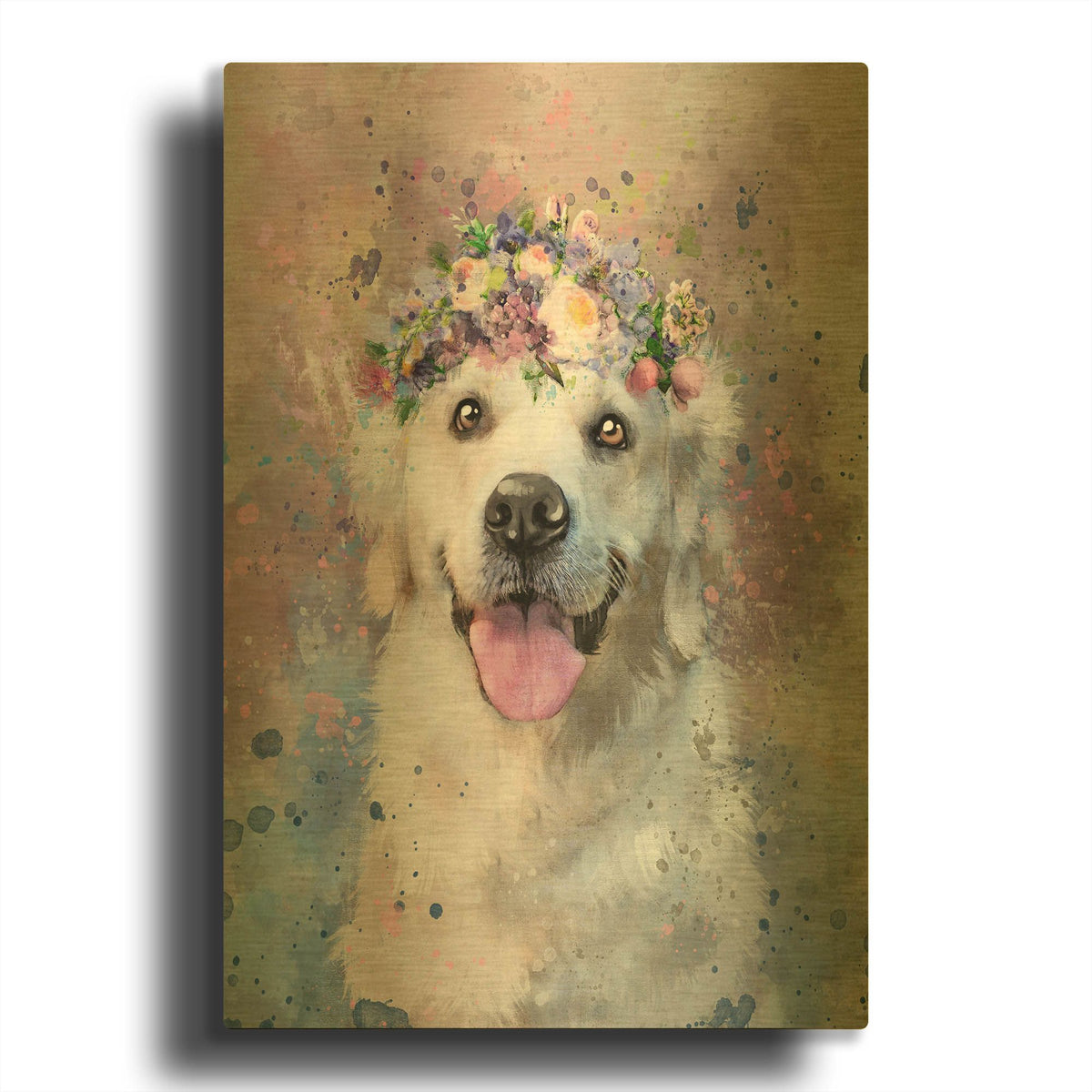 'Flower Crown Golden Retriever 2' By Furbaby Affiliates Gold Metal Wall Art
