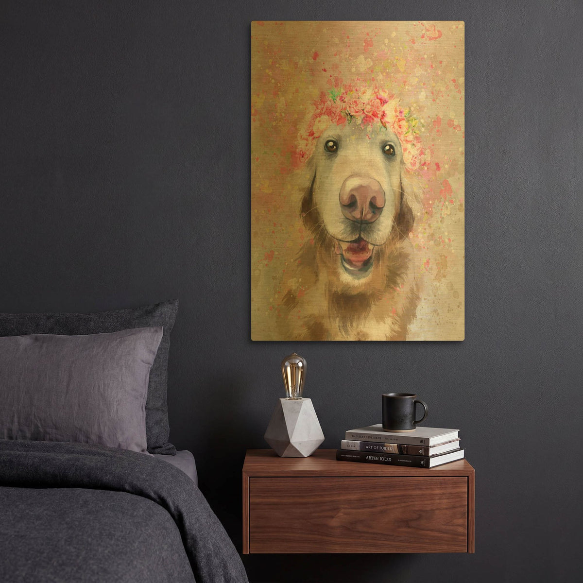 'Flower Crown Golden Retriever' By Furbaby Affiliates Gold Metal Wall Art