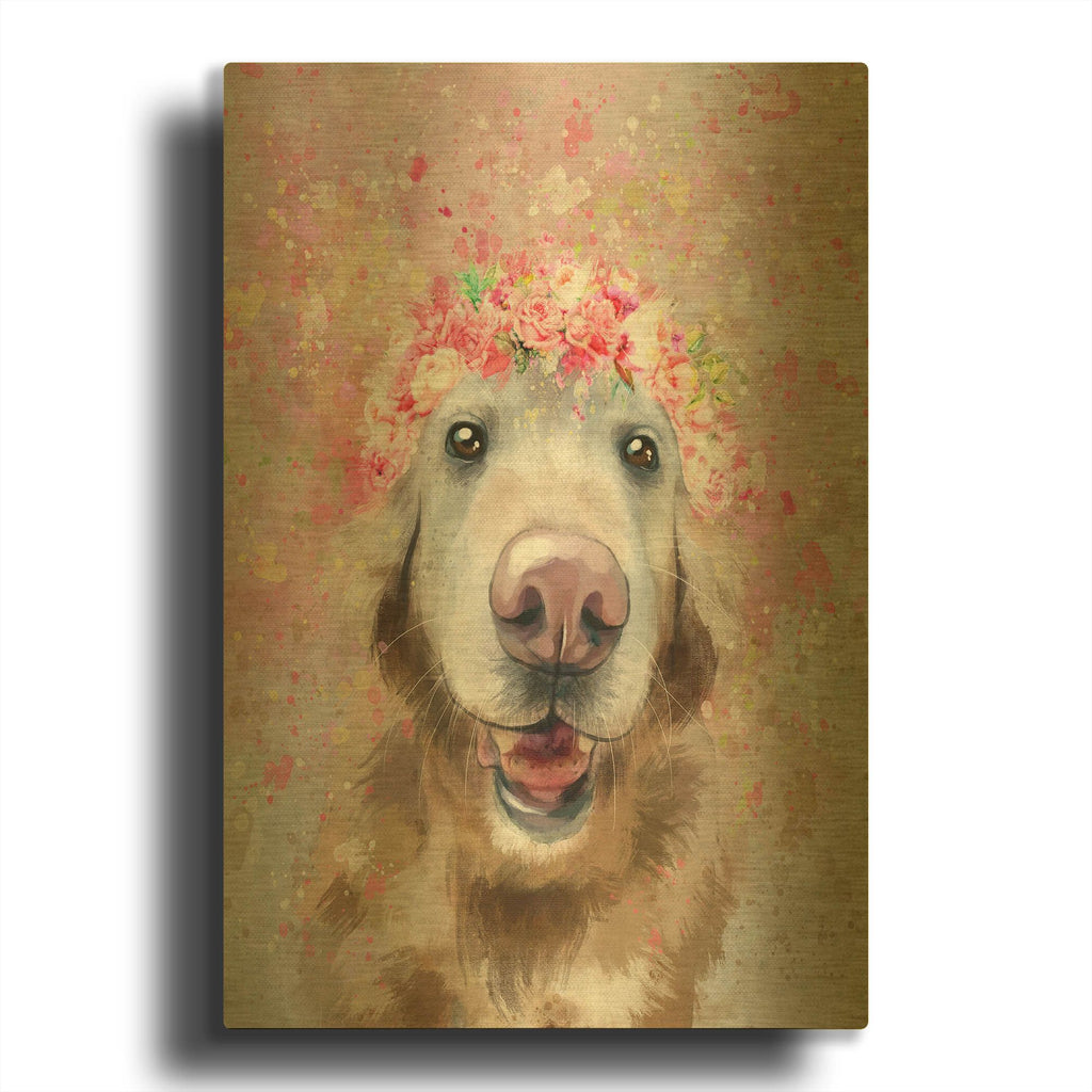 'Flower Crown Golden Retriever' By Furbaby Affiliates Gold Metal Wall Art