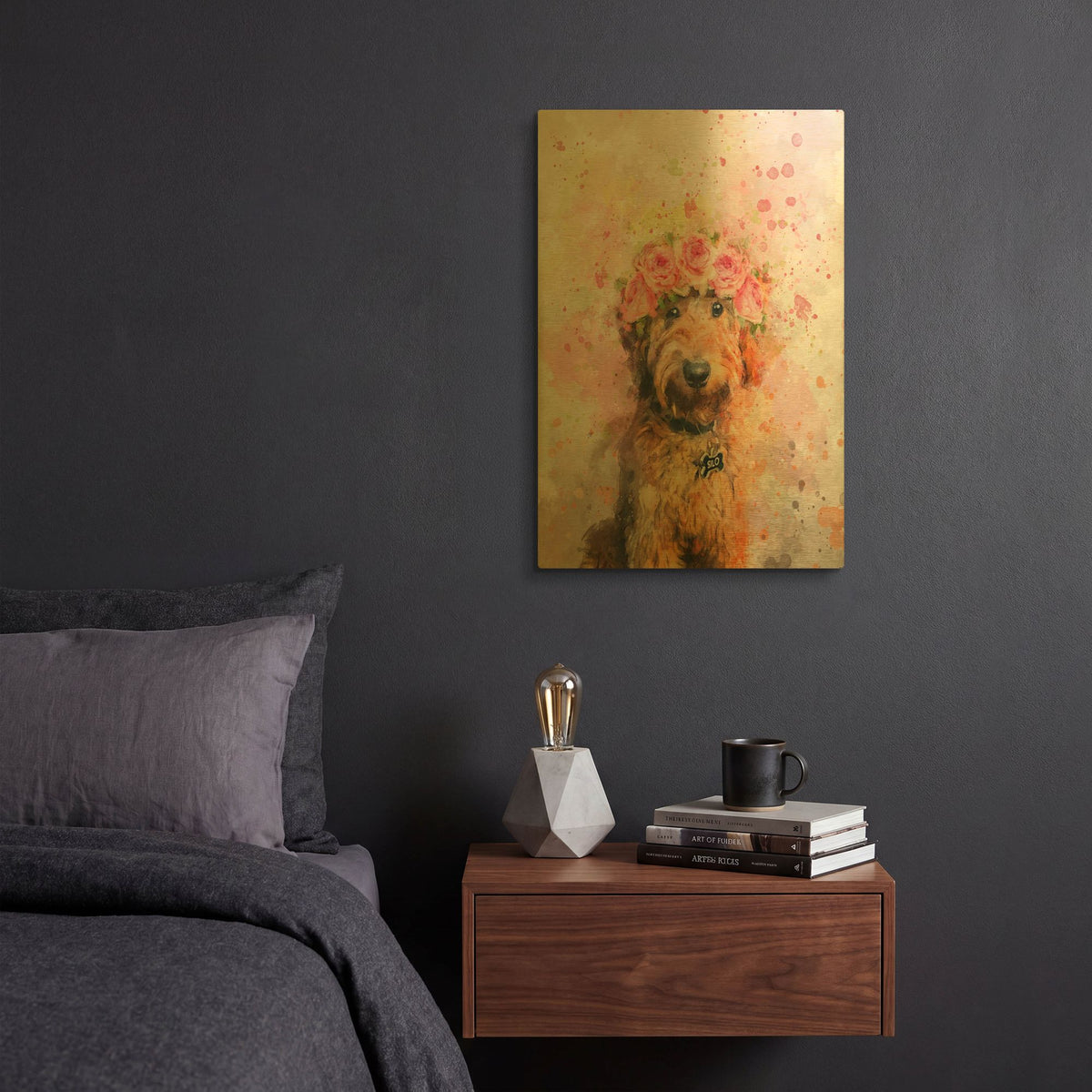 'Flower Crown Goldendoodle 2' By Furbaby Affiliates Gold Metal Wall Art