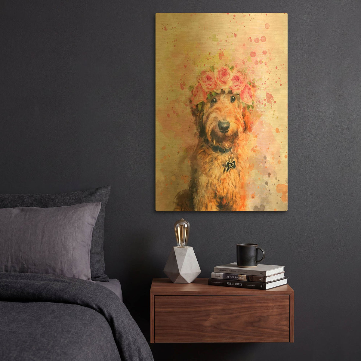 'Flower Crown Goldendoodle 2' By Furbaby Affiliates Gold Metal Wall Art