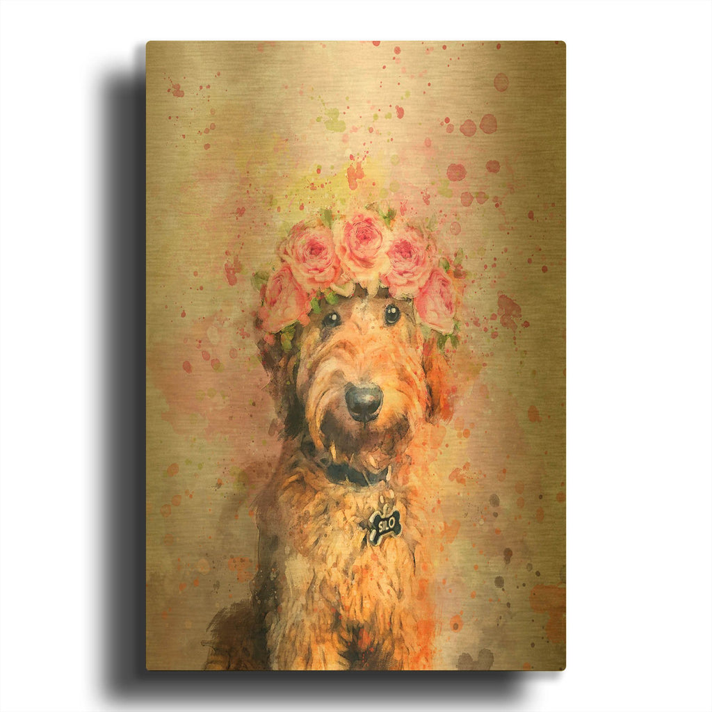 'Flower Crown Goldendoodle 2' By Furbaby Affiliates Gold Metal Wall Art
