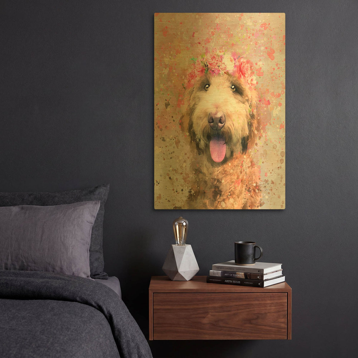 'Flower Crown Goldendoodle 3' By Furbaby Affiliates Gold Metal Wall Art