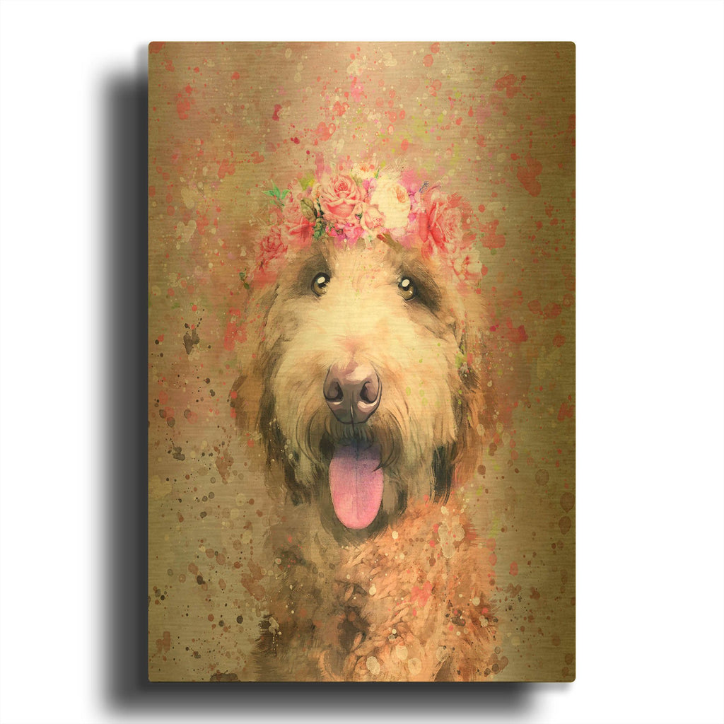 'Flower Crown Goldendoodle 3' By Furbaby Affiliates Gold Metal Wall Art