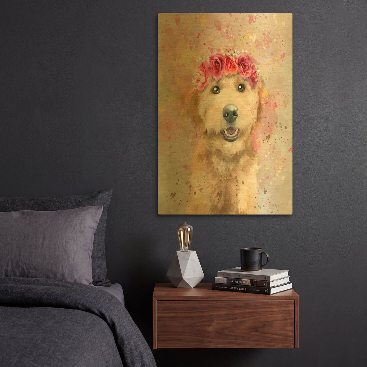 'Flower Crown Goldendoodle 4' By Furbaby Affiliates Gold Metal Wall Art