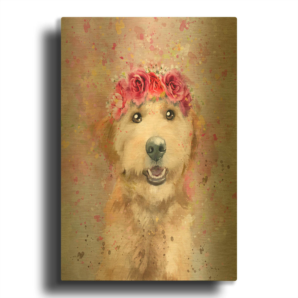 'Flower Crown Goldendoodle 4' By Furbaby Affiliates Gold Metal Wall Art
