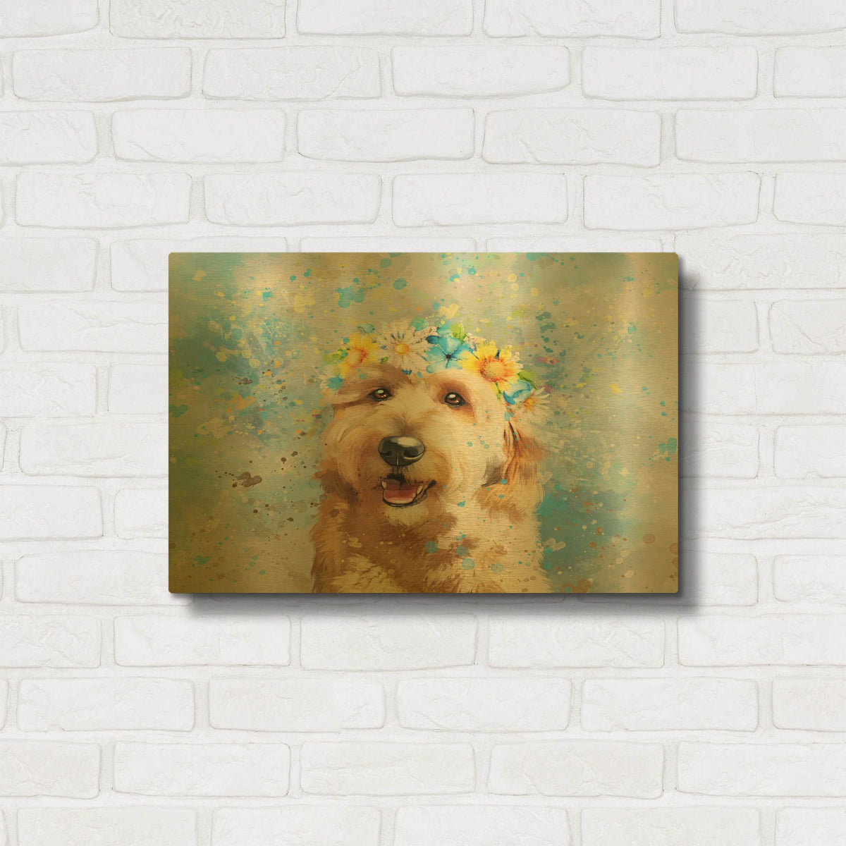 'Flower Crown Goldendoodle 5' By Furbaby Affiliates Gold Metal Wall Art