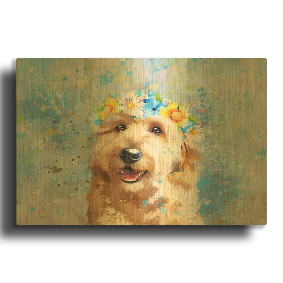 'Flower Crown Goldendoodle 5' By Furbaby Affiliates Gold Metal Wall Art