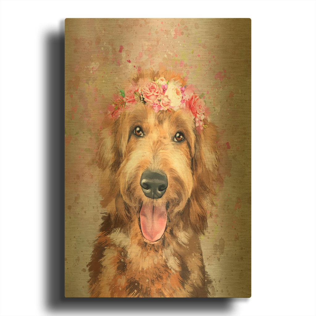 'Flower Crown Goldendoodle 6' By Furbaby Affiliates Gold Metal Wall Art