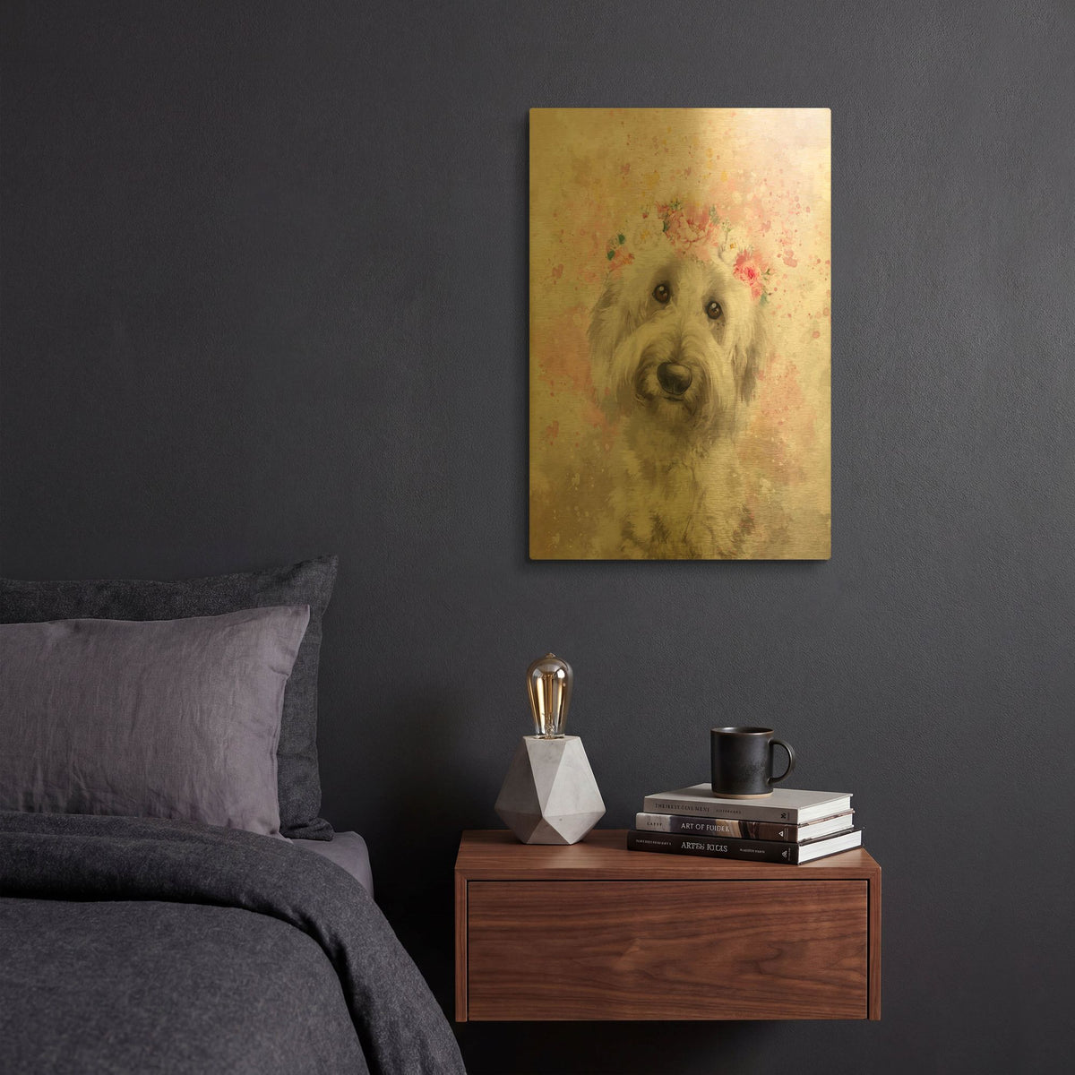 'Flower Crown Goldendoodle 7' By Furbaby Affiliates Gold Metal Wall Art