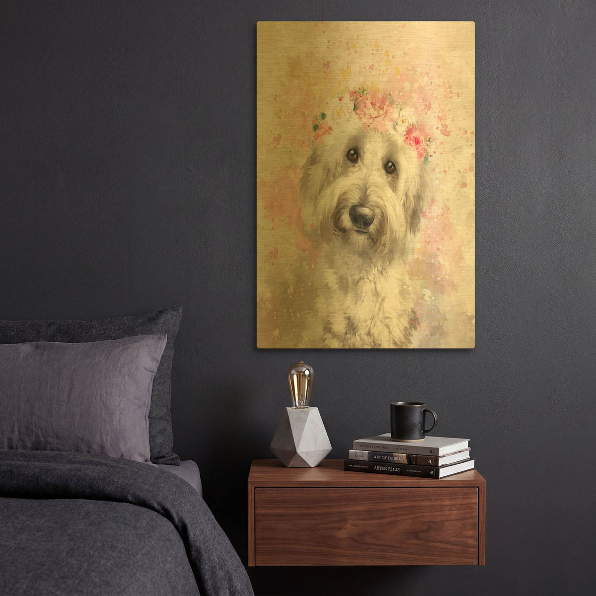'Flower Crown Goldendoodle 7' By Furbaby Affiliates Gold Metal Wall Art