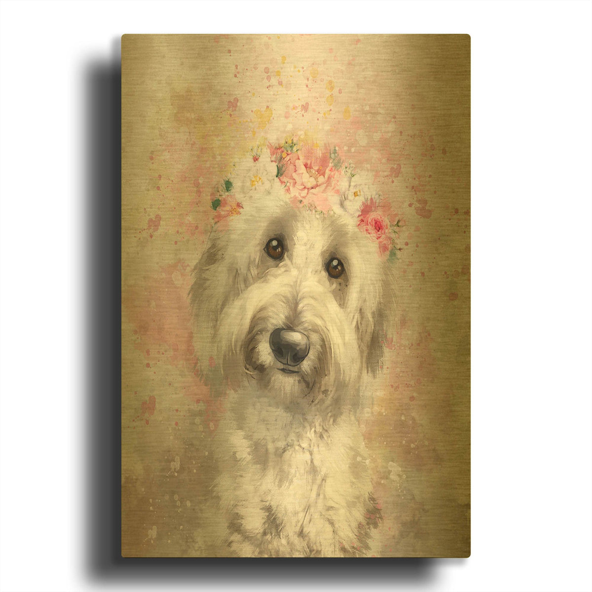 'Flower Crown Goldendoodle 7' By Furbaby Affiliates Gold Metal Wall Art