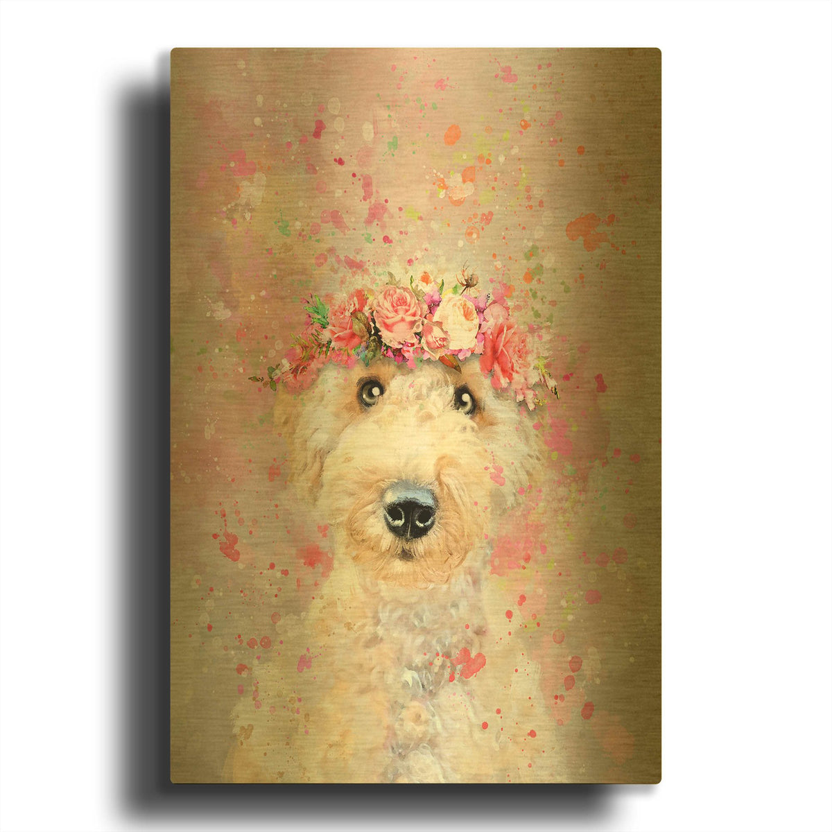 'Flower Crown Goldendoodle' By Furbaby Affiliates Gold Metal Wall Art