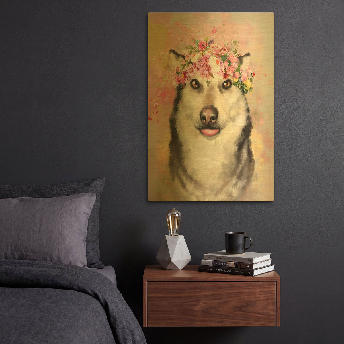'Flower Crown Husky' By Furbaby Affiliates Gold Metal Wall Art