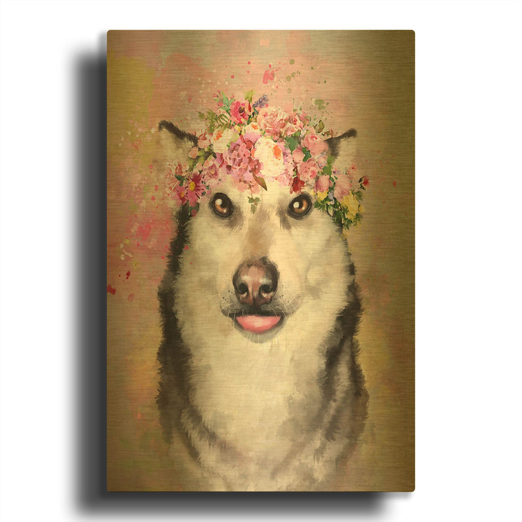 'Flower Crown Husky' By Furbaby Affiliates Gold Metal Wall Art
