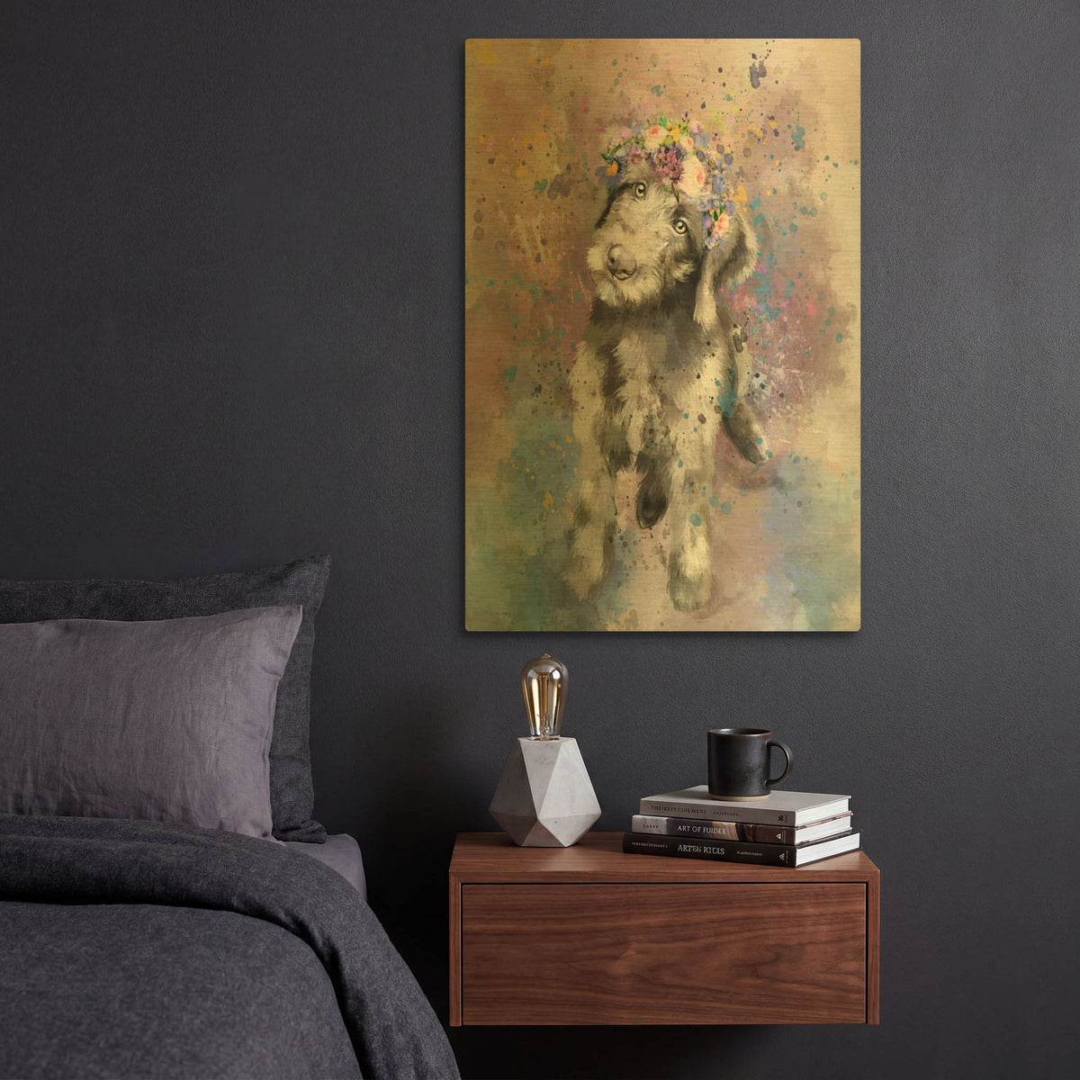 'Flower Crown Labradoodle 2' By Furbaby Affiliates Gold Metal Wall Art