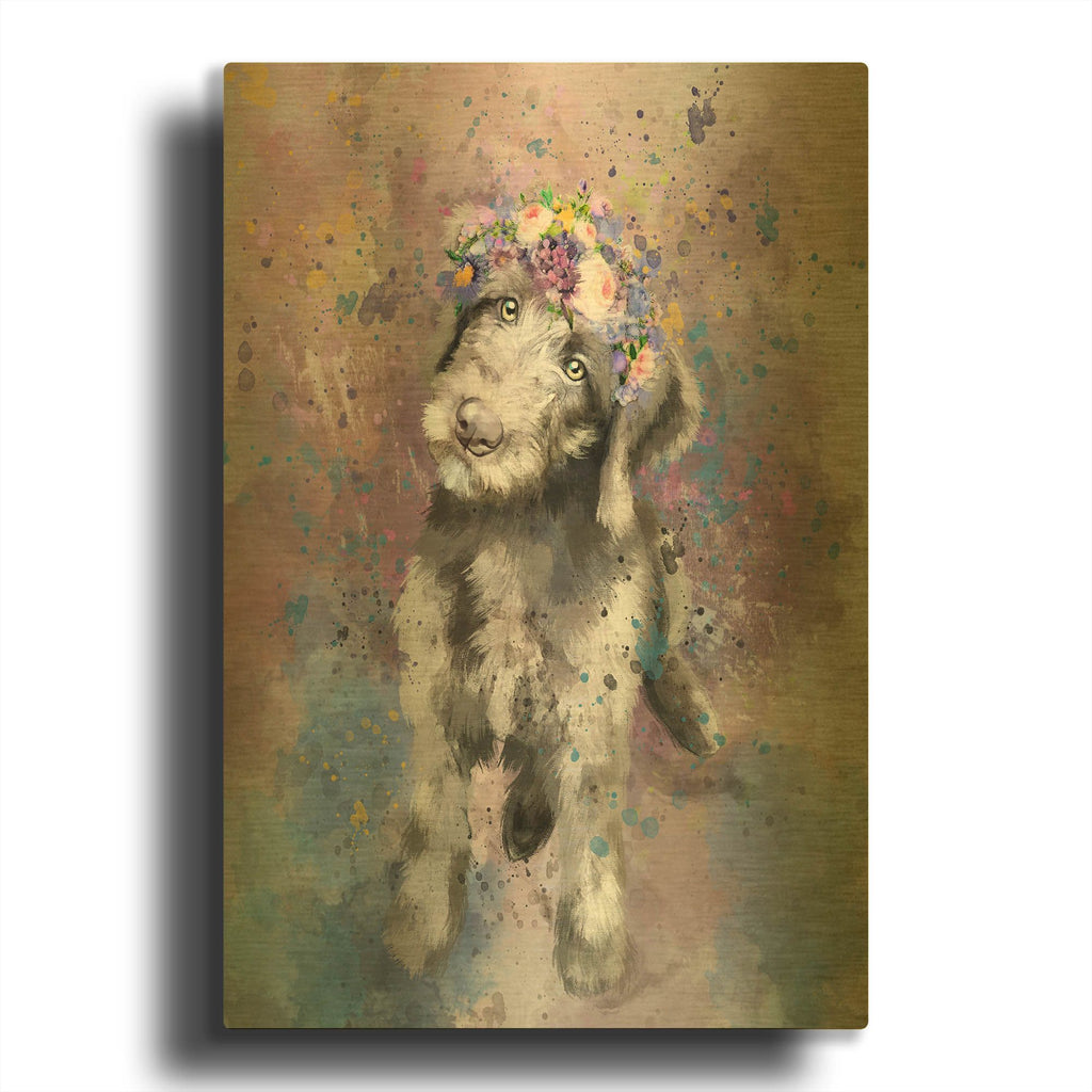 'Flower Crown Labradoodle 2' By Furbaby Affiliates Gold Metal Wall Art