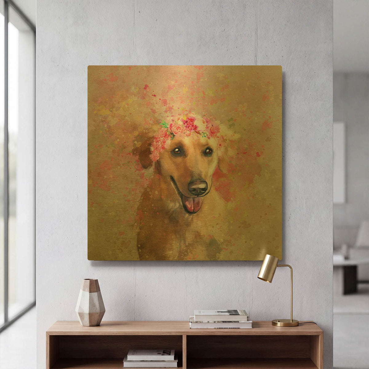 'Flower Crown Labrador Retriever 3' By Furbaby Affiliates Gold Metal Wall Art