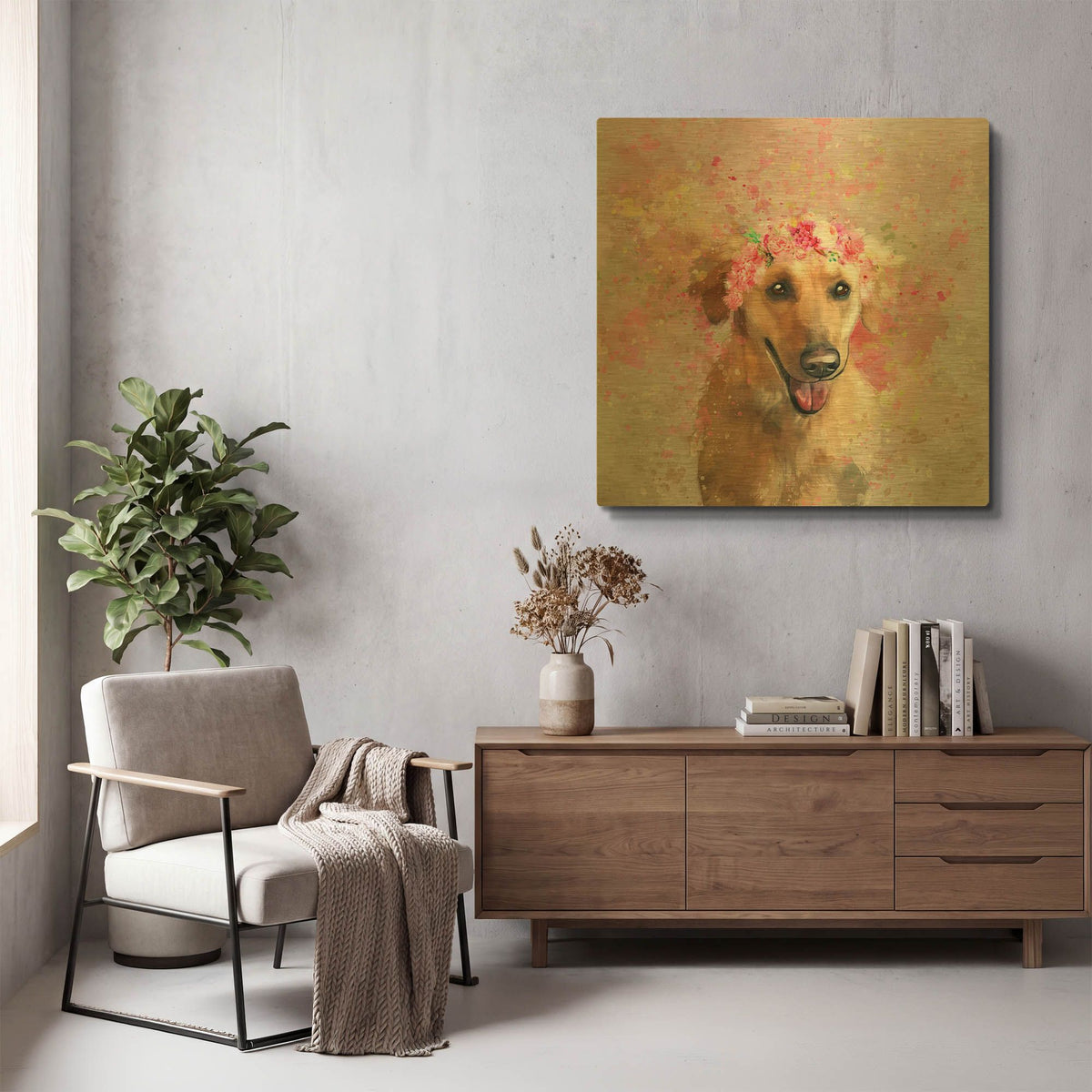 'Flower Crown Labrador Retriever 3' By Furbaby Affiliates Gold Metal Wall Art