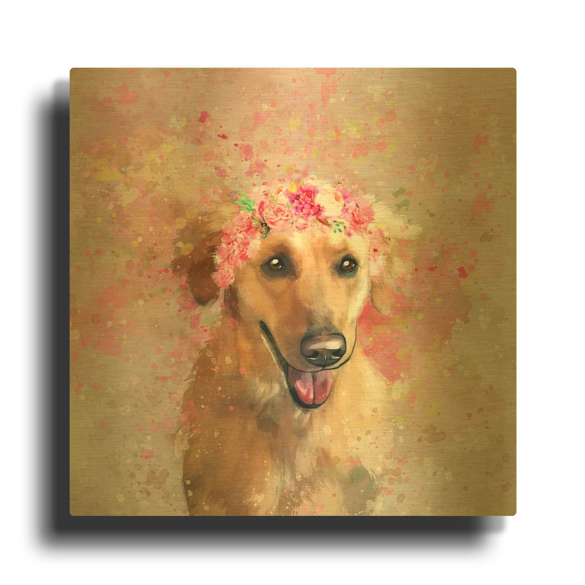 'Flower Crown Labrador Retriever 3' By Furbaby Affiliates Gold Metal Wall Art