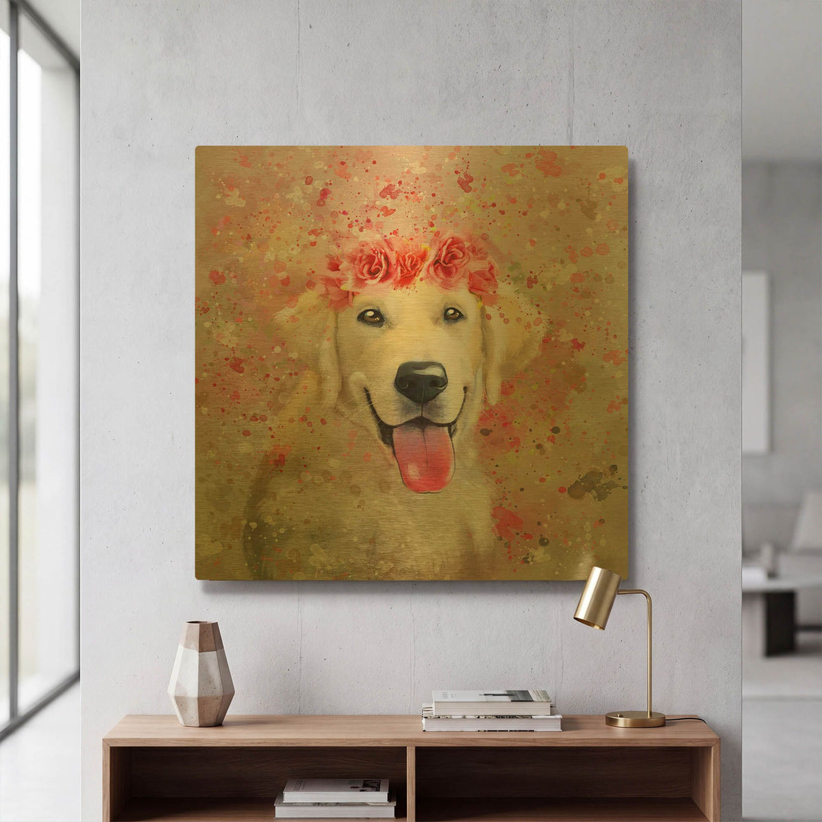 'Flower Crown Labrador Retriever 4' By Furbaby Affiliates Gold Metal Wall Art