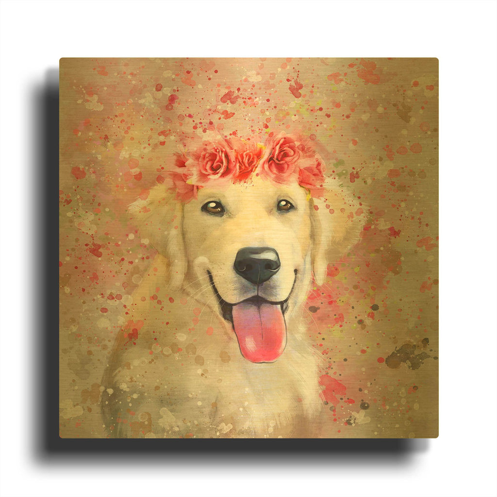 'Flower Crown Labrador Retriever 4' By Furbaby Affiliates Gold Metal Wall Art