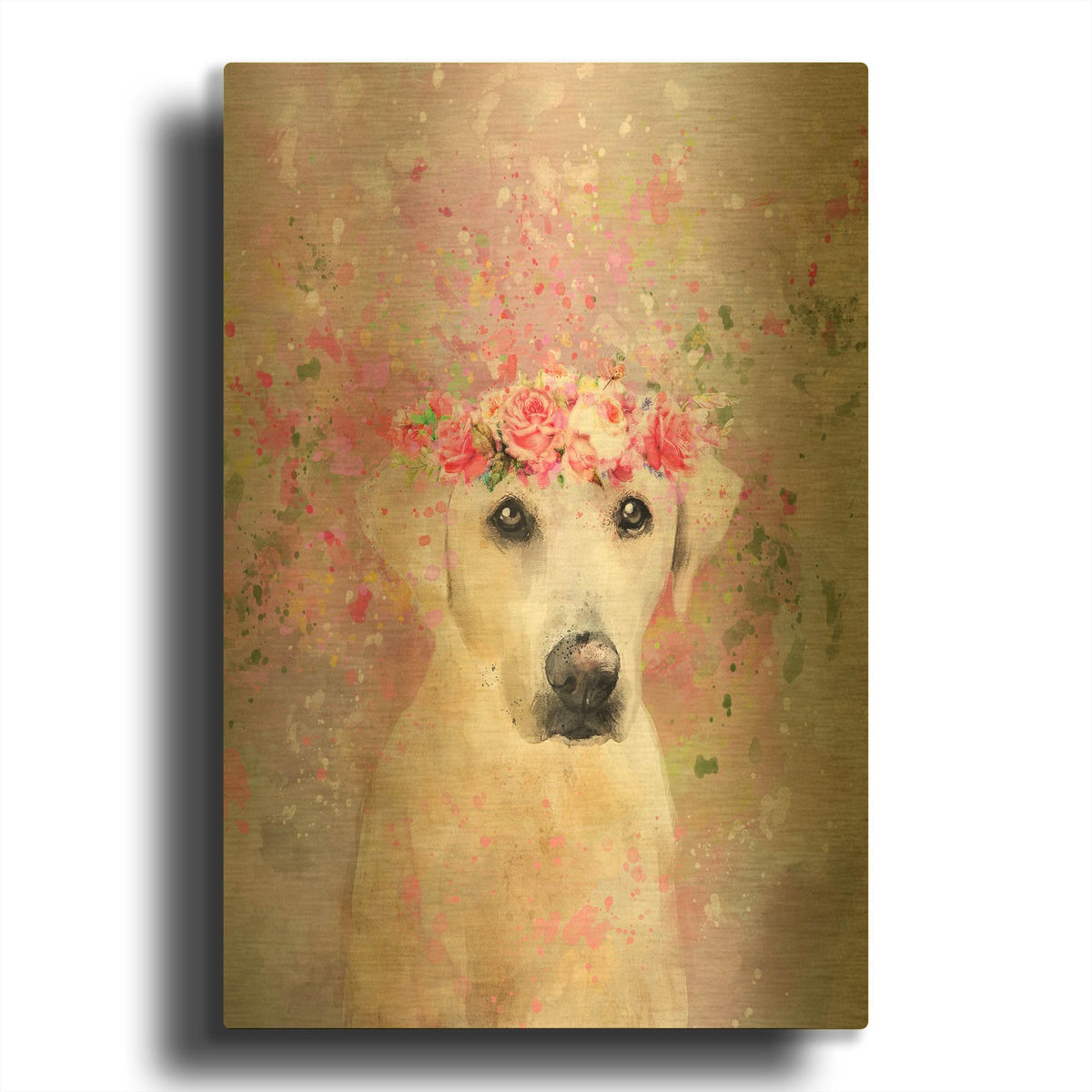 'Flower Crown Labrador Retriever' By Furbaby Affiliates Gold Metal Wall Art