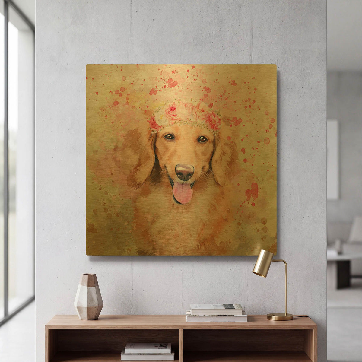 'Flower Crown Long Haired Dachshund' By Furbaby Affiliates Gold Metal Wall Art