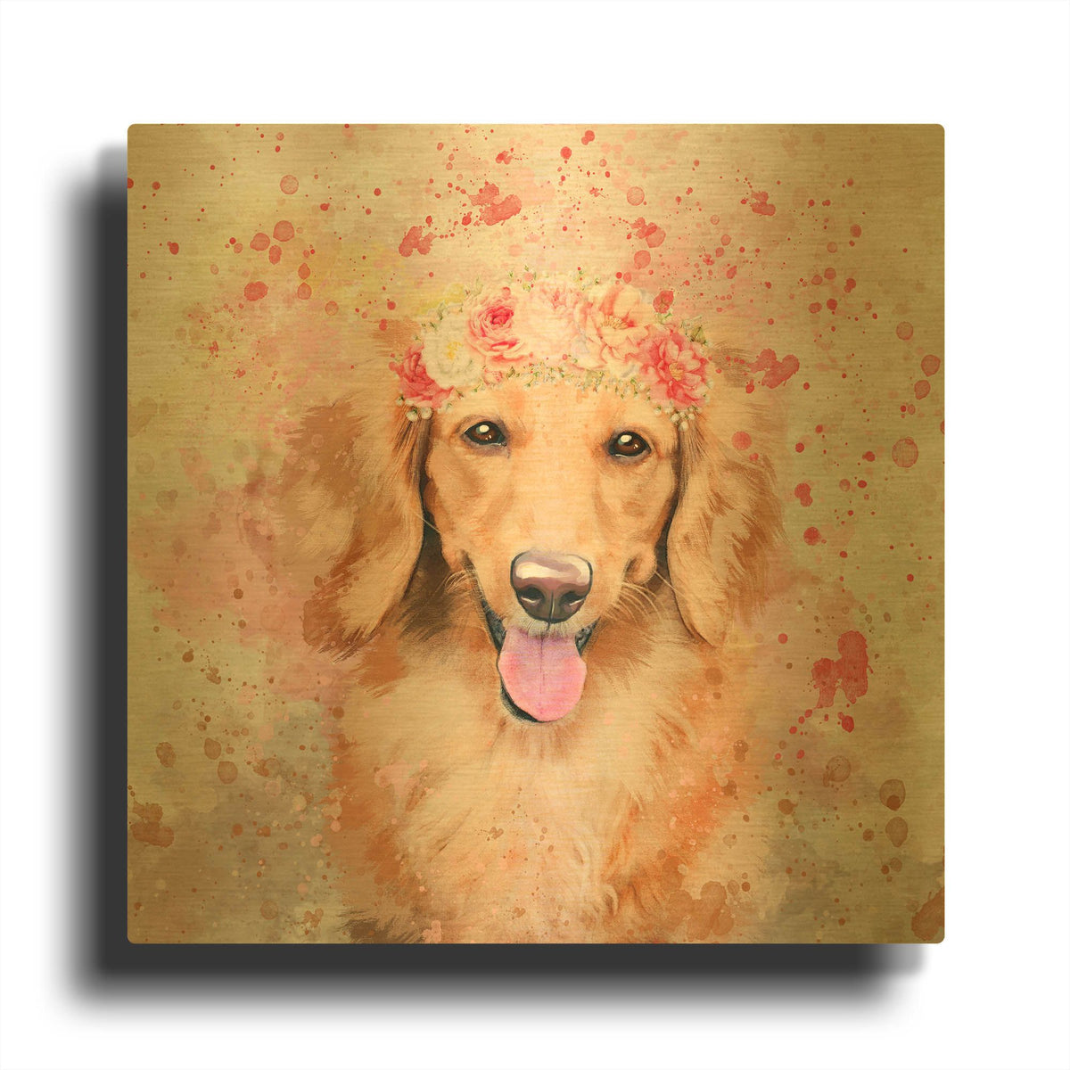'Flower Crown Long Haired Dachshund' By Furbaby Affiliates Gold Metal Wall Art