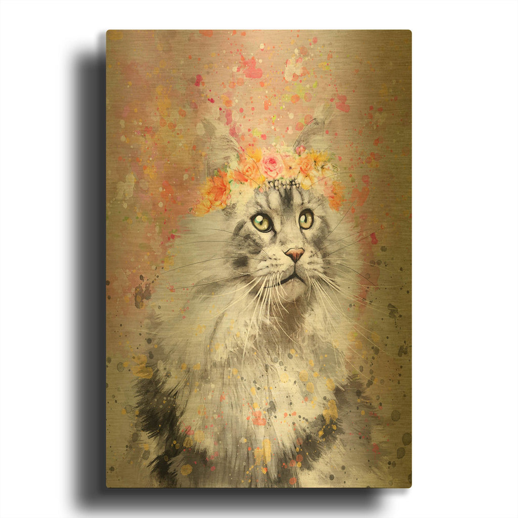 'Flower Crown Maine Coon' By Furbaby Affiliates Gold Metal Wall Art