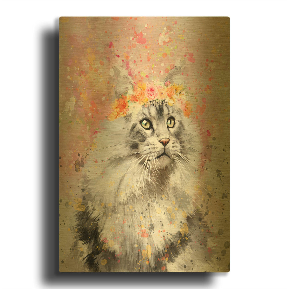 'Flower Crown Maine Coon' By Furbaby Affiliates Gold Metal Wall Art