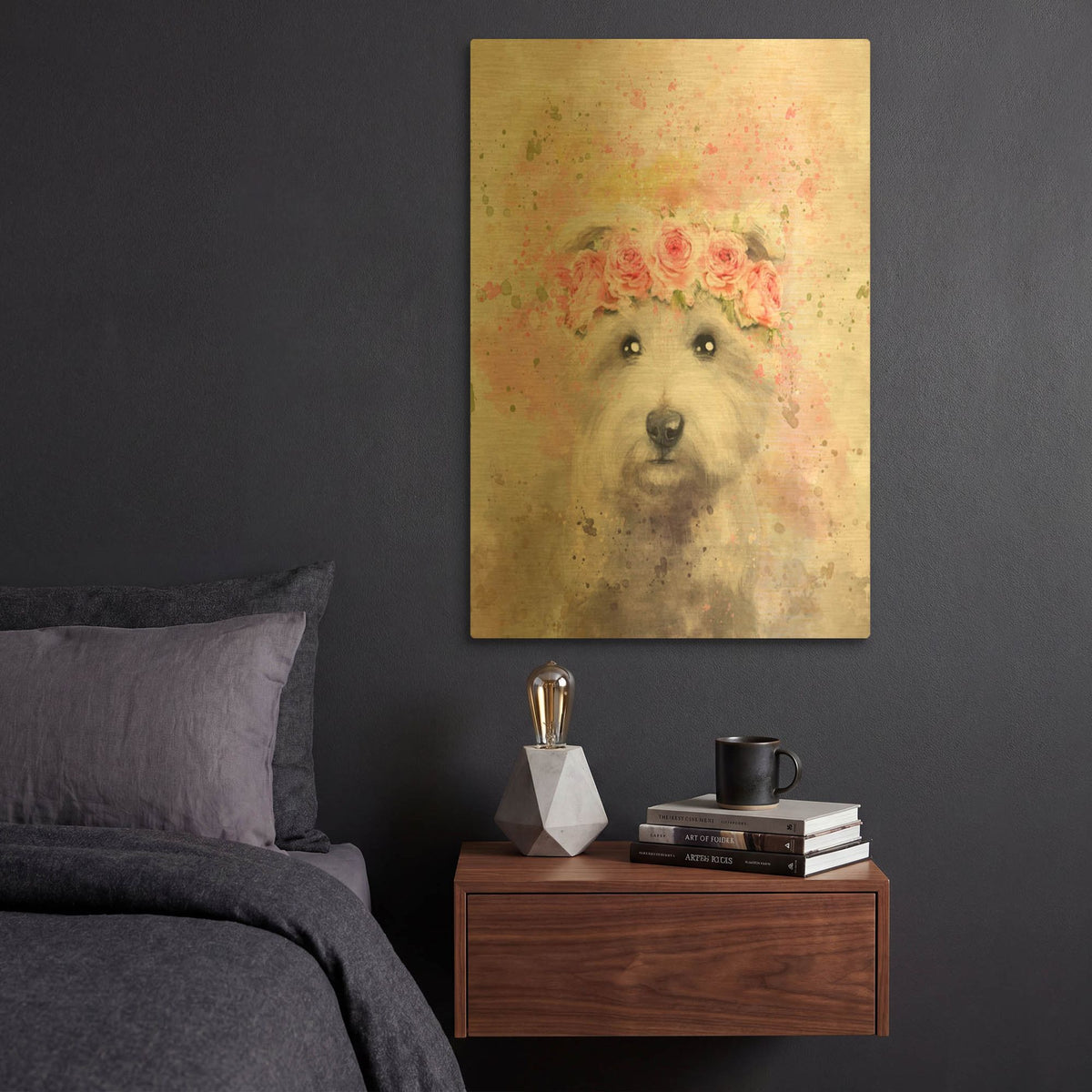 'Flower Crown Maltese' By Furbaby Affiliates Gold Metal Wall Art