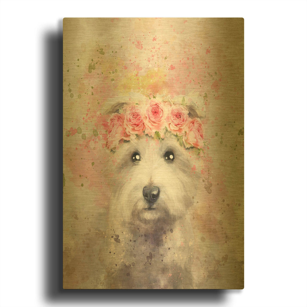 'Flower Crown Maltese' By Furbaby Affiliates Gold Metal Wall Art