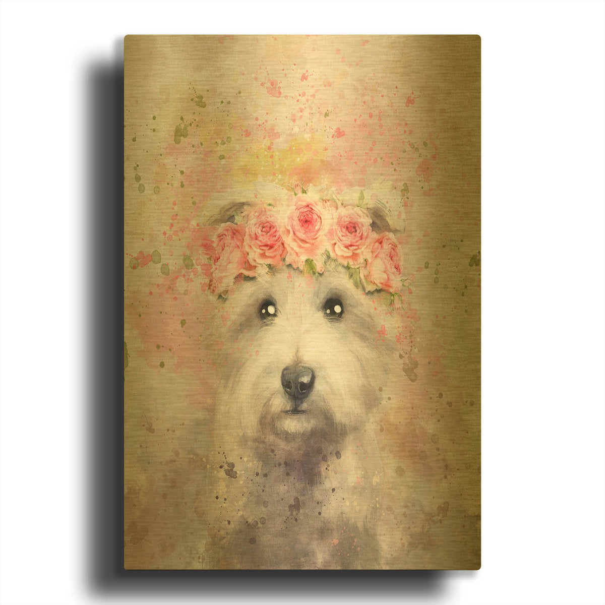 'Flower Crown Maltese' By Furbaby Affiliates Gold Metal Wall Art