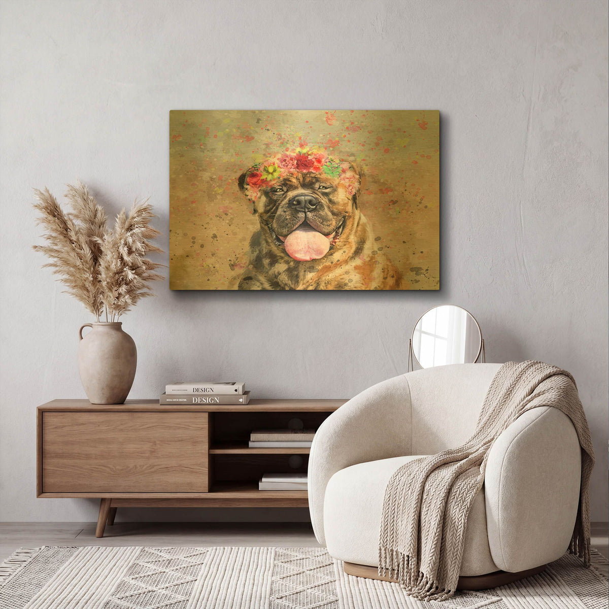 'Flower Crown Mastiff' By Furbaby Affiliates Gold Metal Wall Art