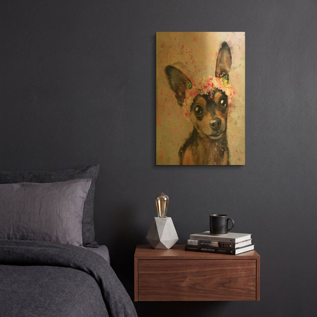 'Flower Crown Miniature Pinscher' By Furbaby Affiliates Gold Metal Wall Art