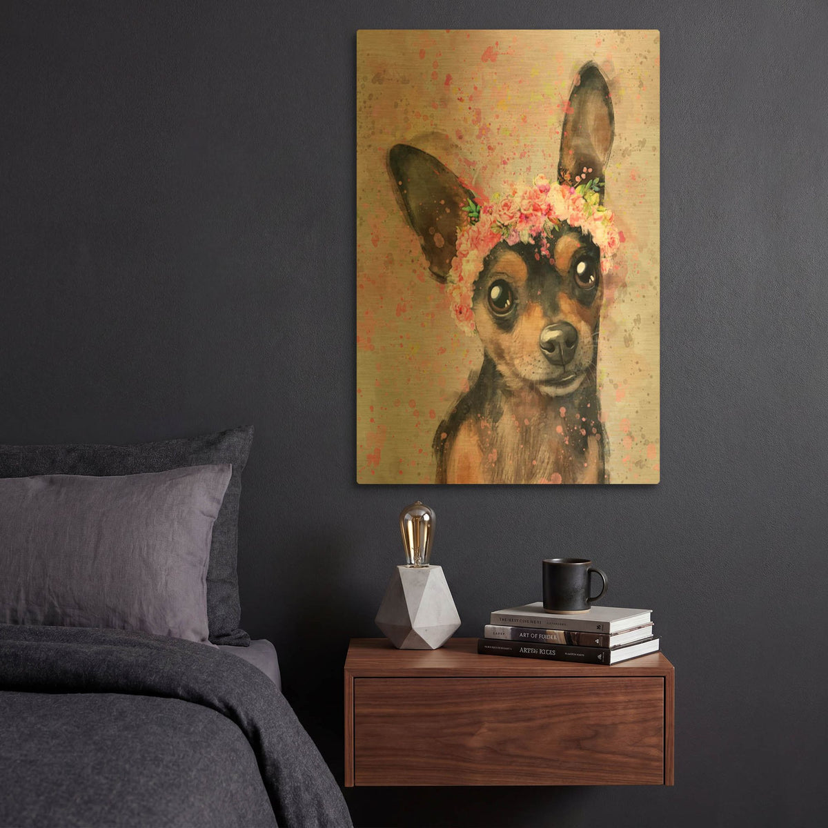 'Flower Crown Miniature Pinscher' By Furbaby Affiliates Gold Metal Wall Art