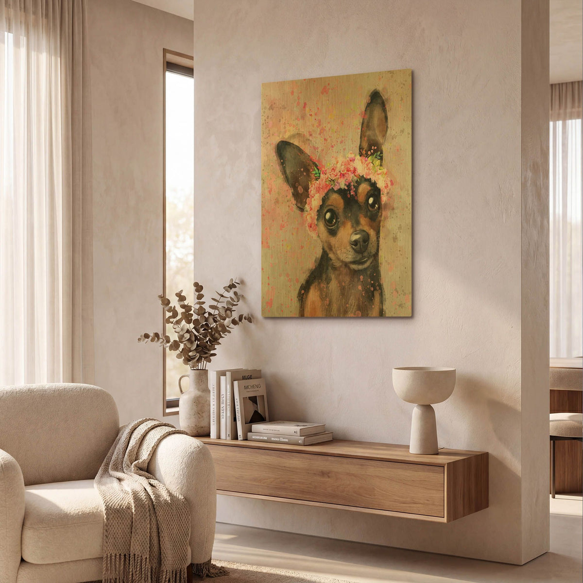 'Flower Crown Miniature Pinscher' By Furbaby Affiliates Gold Metal Wall Art
