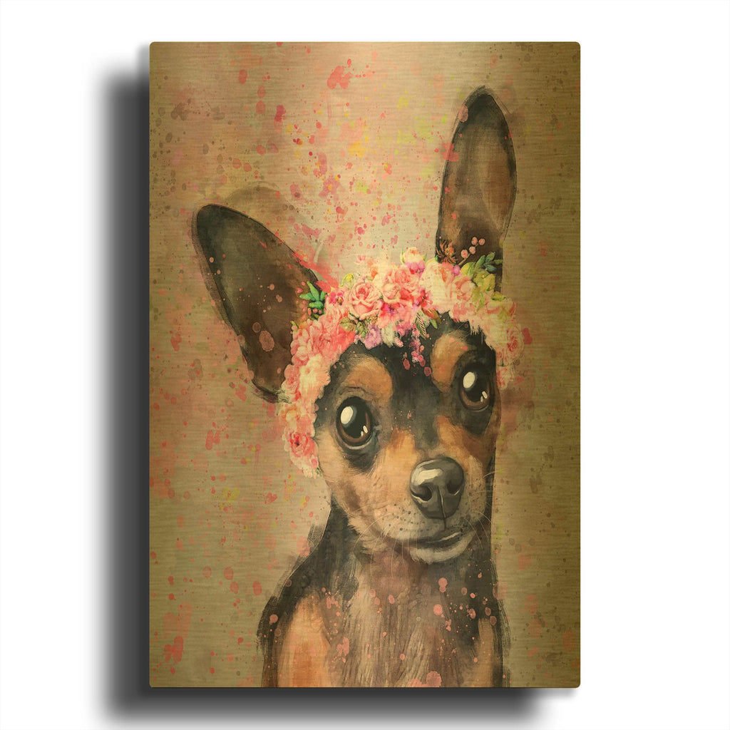 'Flower Crown Miniature Pinscher' By Furbaby Affiliates Gold Metal Wall Art