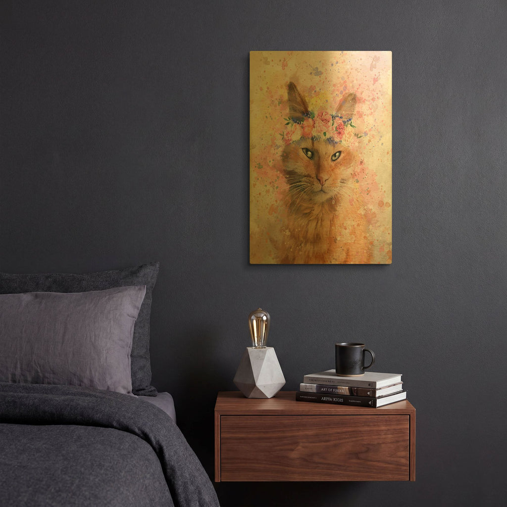 'Flower Crown Tabby Cat 7' By Furbaby Affiliates Gold Metal Wall Art