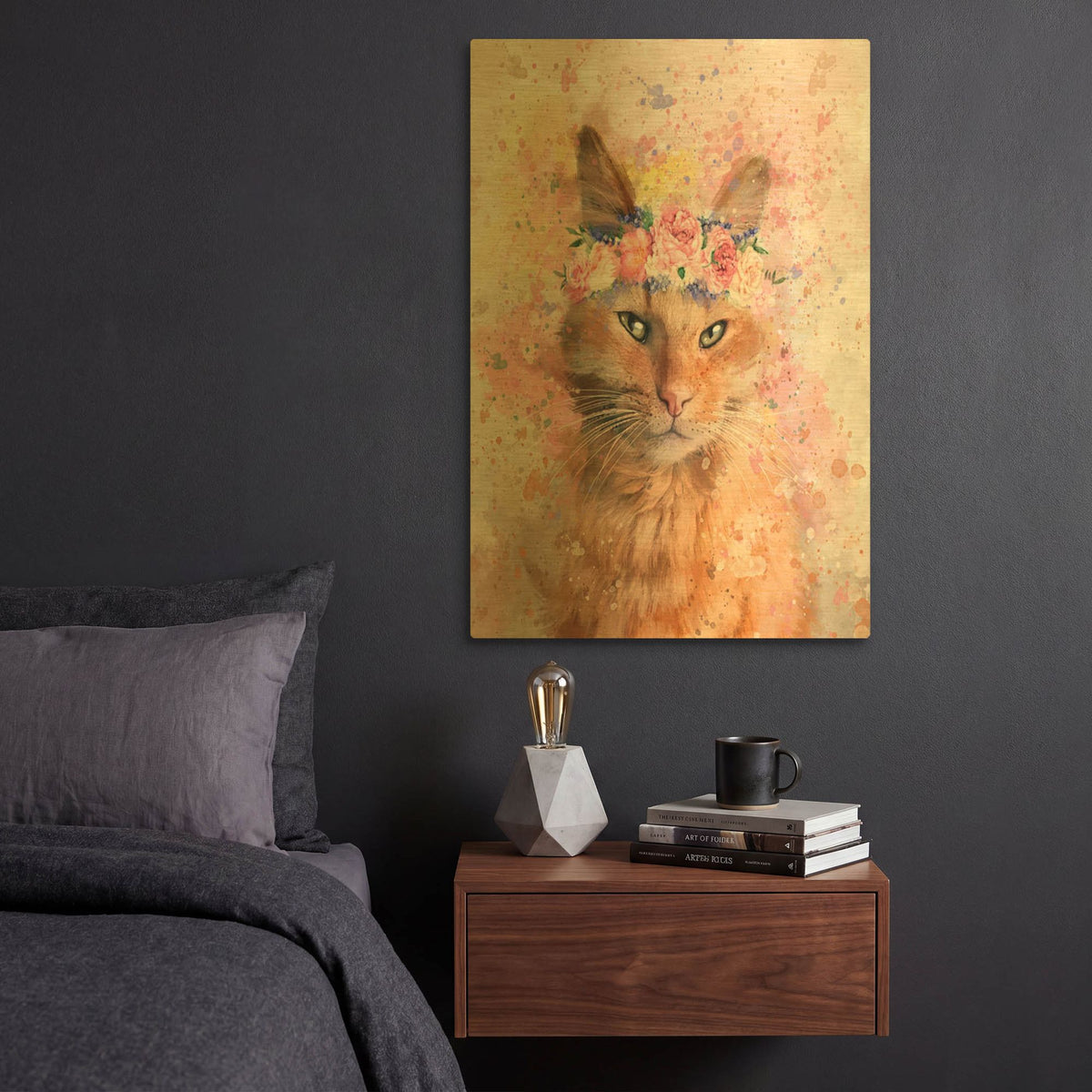 'Flower Crown Tabby Cat 7' By Furbaby Affiliates Gold Metal Wall Art