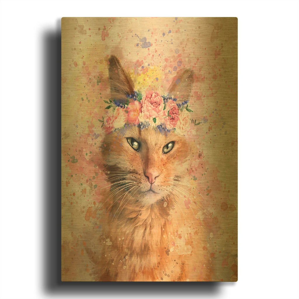 'Flower Crown Tabby Cat 7' By Furbaby Affiliates Gold Metal Wall Art