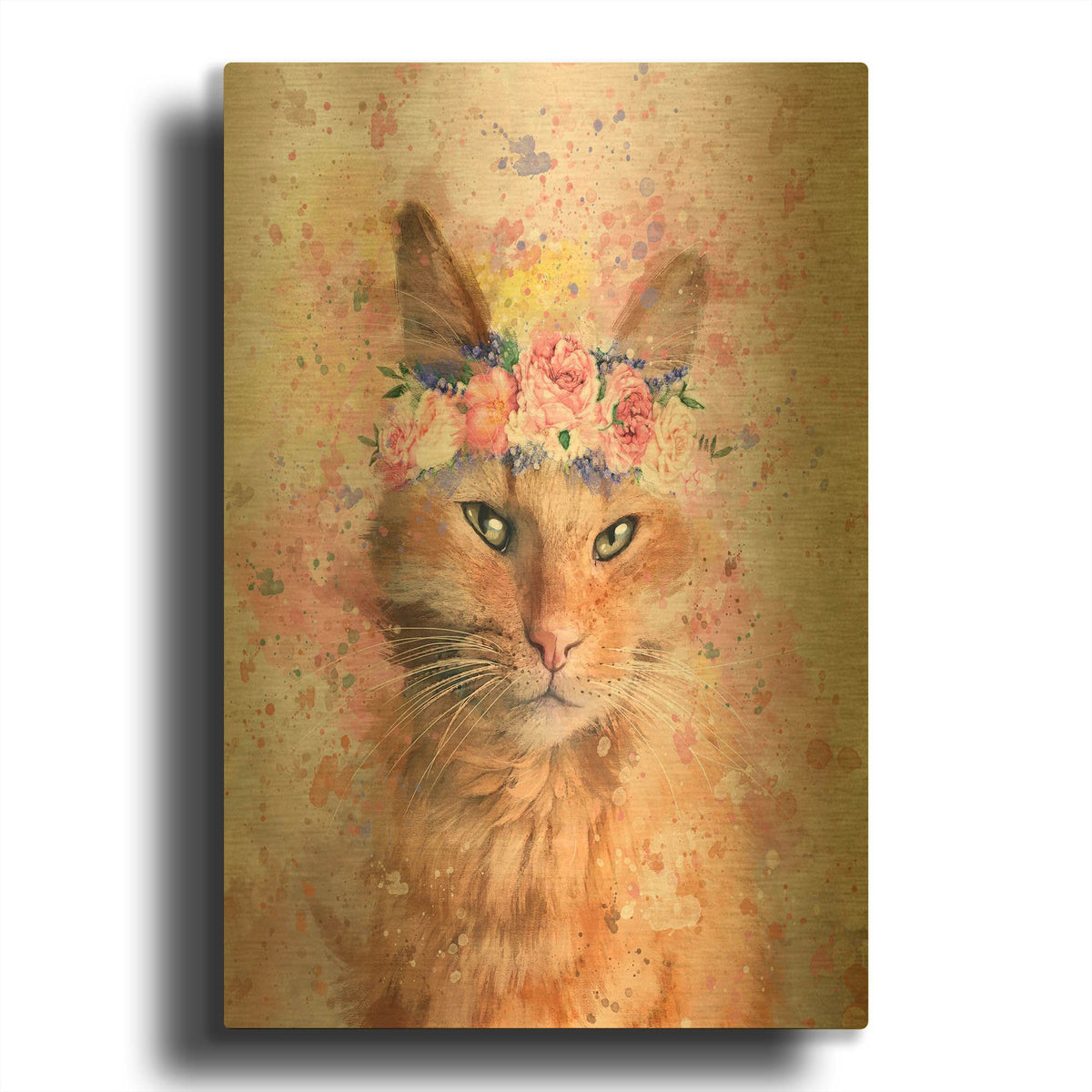'Flower Crown Tabby Cat 7' By Furbaby Affiliates Gold Metal Wall Art
