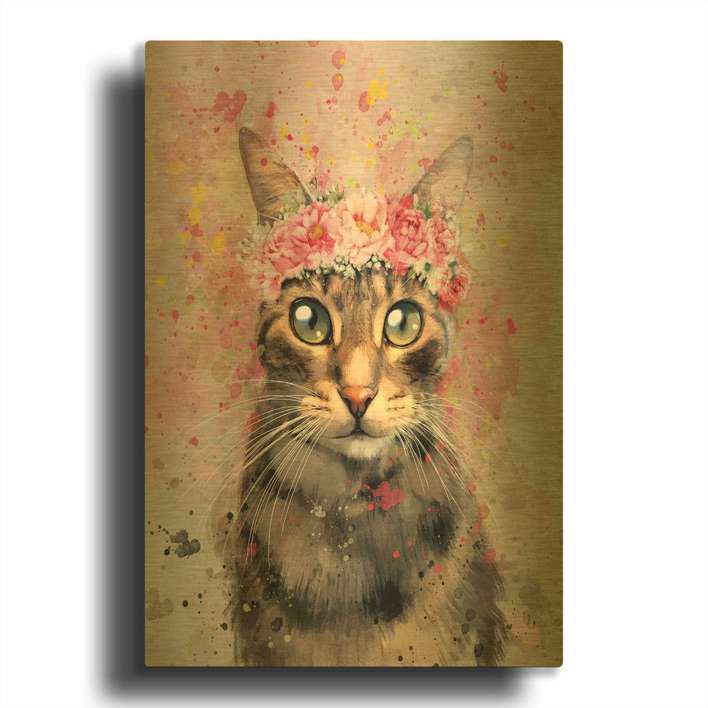 'Flower Crown Tabby Cat' By Furbaby Affiliates Gold Metal Wall Art