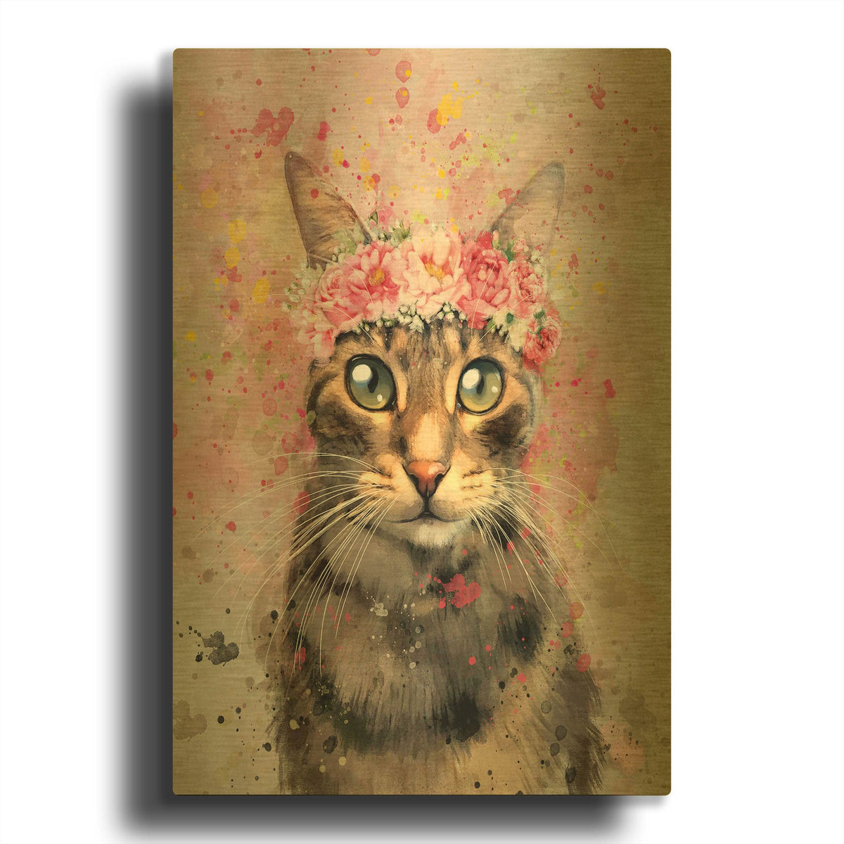 'Flower Crown Tabby Cat' By Furbaby Affiliates Gold Metal Wall Art
