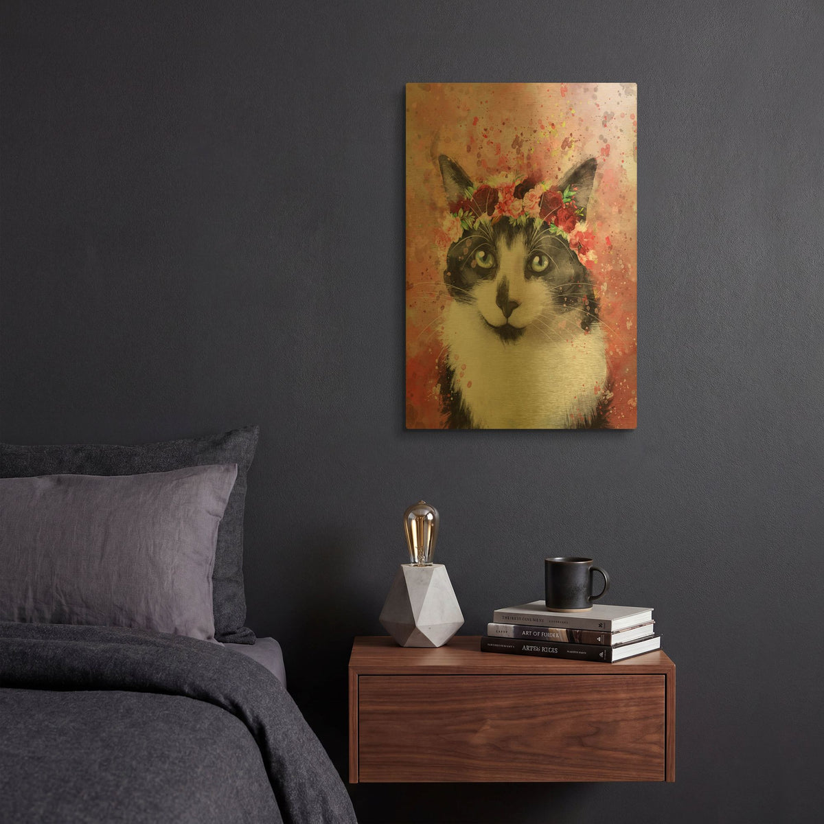 'Flower Crown Tuxedo Cat' By Furbaby Affiliates Gold Metal Wall Art