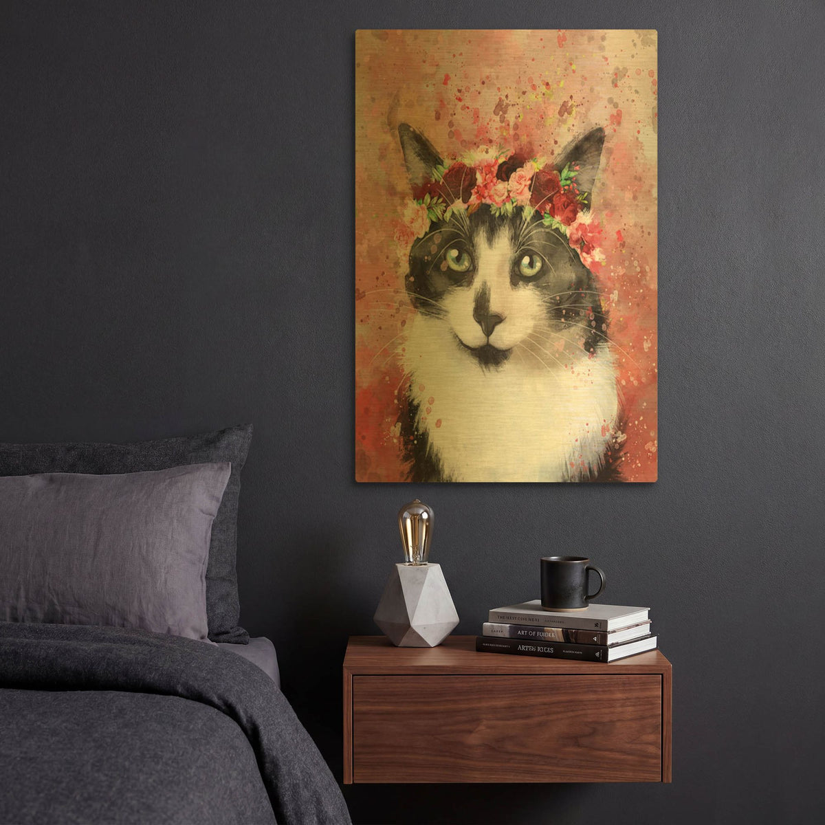 'Flower Crown Tuxedo Cat' By Furbaby Affiliates Gold Metal Wall Art