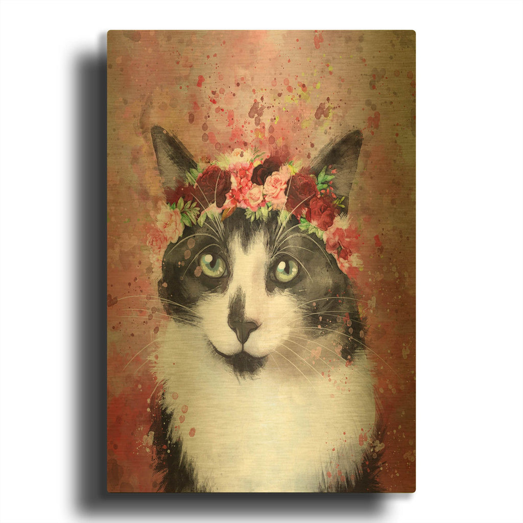 'Flower Crown Tuxedo Cat' By Furbaby Affiliates Gold Metal Wall Art